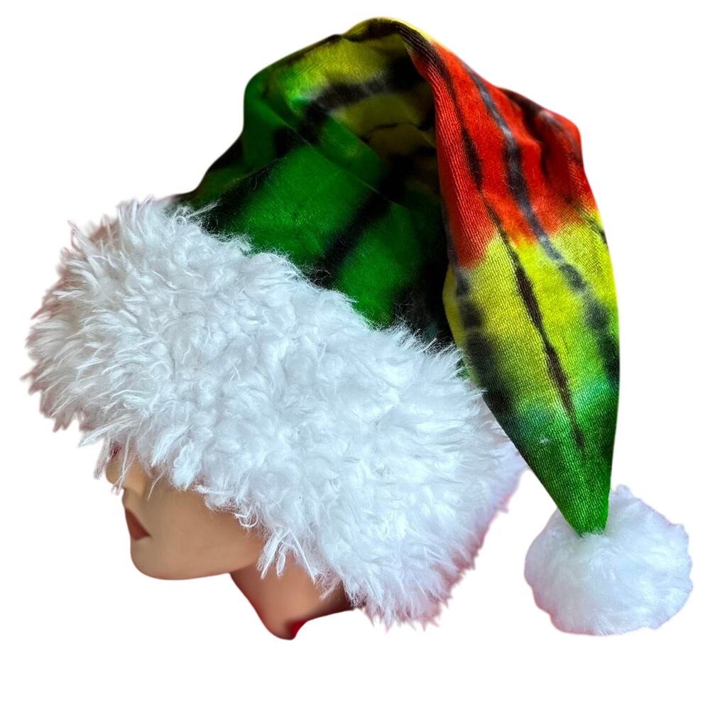 Handcrafted Tie-Dye Santa Hat Yellow Black Green Red Christmas Party Hippie New